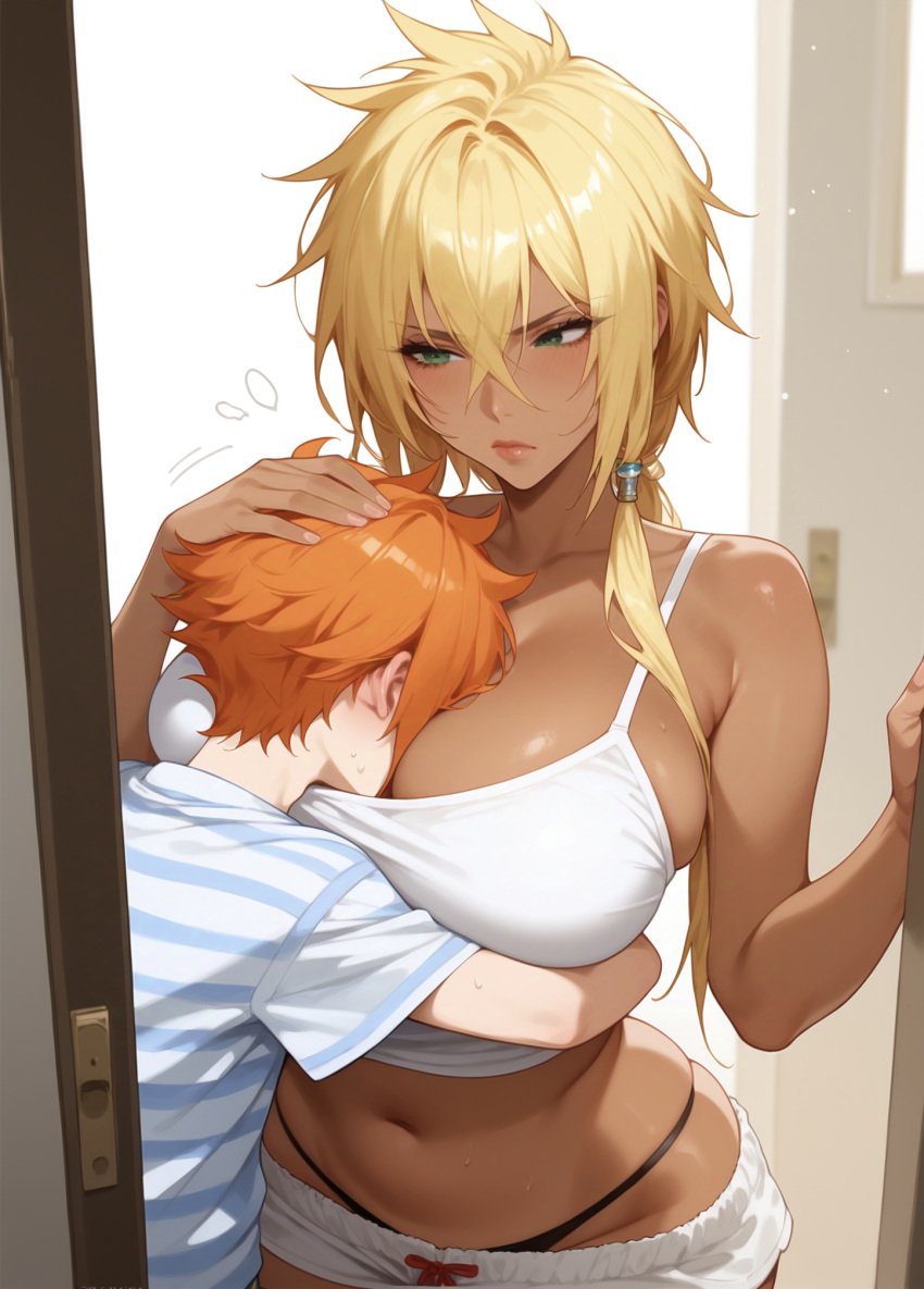 1boy 1girls ai_generated annoyed big_breasts bleach camisole caressing_head cling curvy dark-skinned_female dark_skin door frown green_eyes head_between_breasts hug orange_hair pajamas patting_head short_hair short_shorts shorts size_difference sleeveless standing thick_hips thick_thighs thong tia_harribel yellow_hair