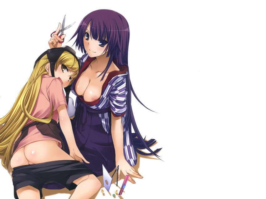 bakemonogatari breasts monogatari_(series) nipples nisemonogatari oshino_shinobu purple_hair senjougahara_hitagi tagme