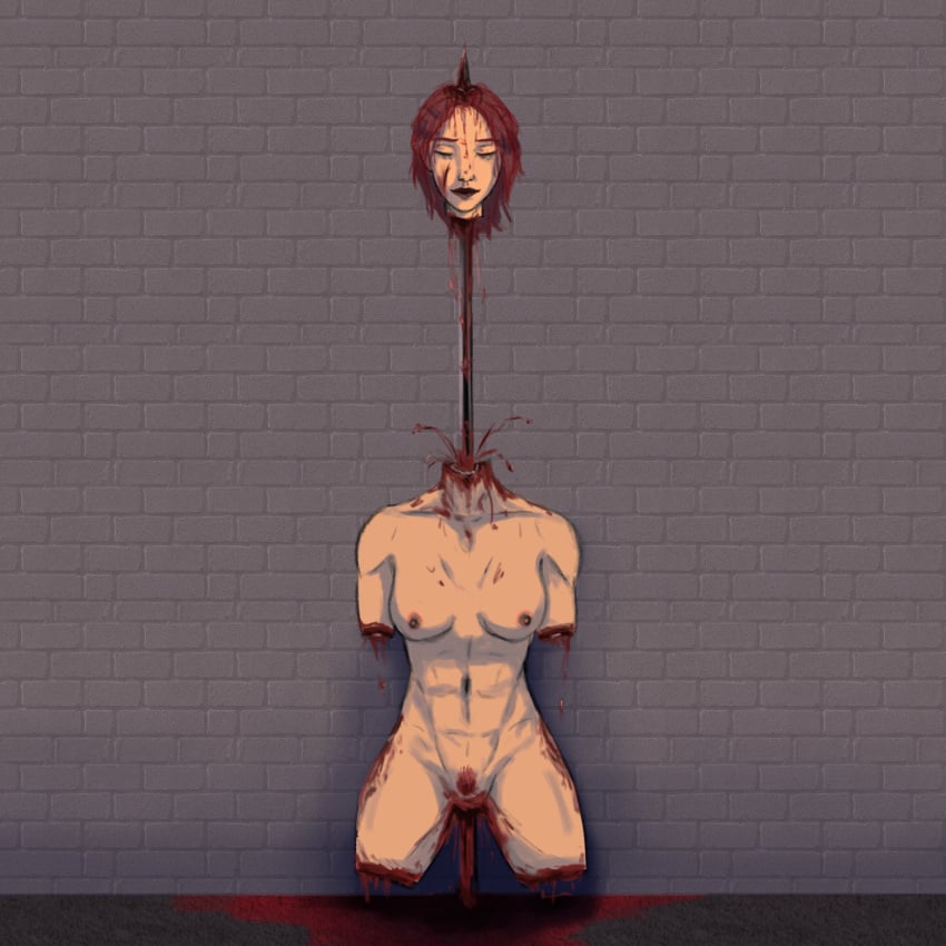 blood death decapitation dismemberment female female_death gore guro impalement naked_female nude red_hair severed_head solo