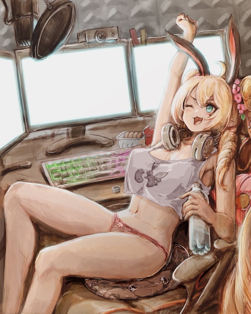 1girls blonde_hair briatcookiebox bunny_ears chair computer female indie_virtual_youtuber monitor nymph_rhythm panties virtual_youtuber water_bottle