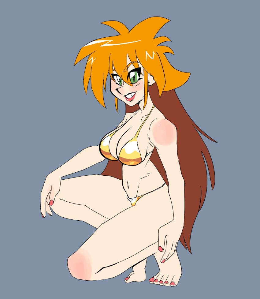 beyblade big_breasts crouching female gold_bikini green_eyes julia_fernandez_(beyblade) lemuzaurio lipstick long_hair orange_hair painted_nails painted_toenails smirk