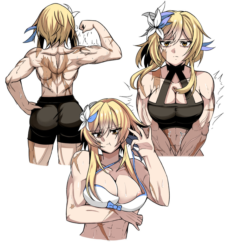 abs arm_sleeves bikini black_legwear black_sports_bra blonde_hair flexing flexing_bicep genshin_impact lumine_(genshin_impact) midriff muscles muscular_arms muscular_back muscular_female muscular_shoulders nipple_slip pouting scar_on_back scar_on_face scars_all_over white_clothing yellow_eyes yukiart_83