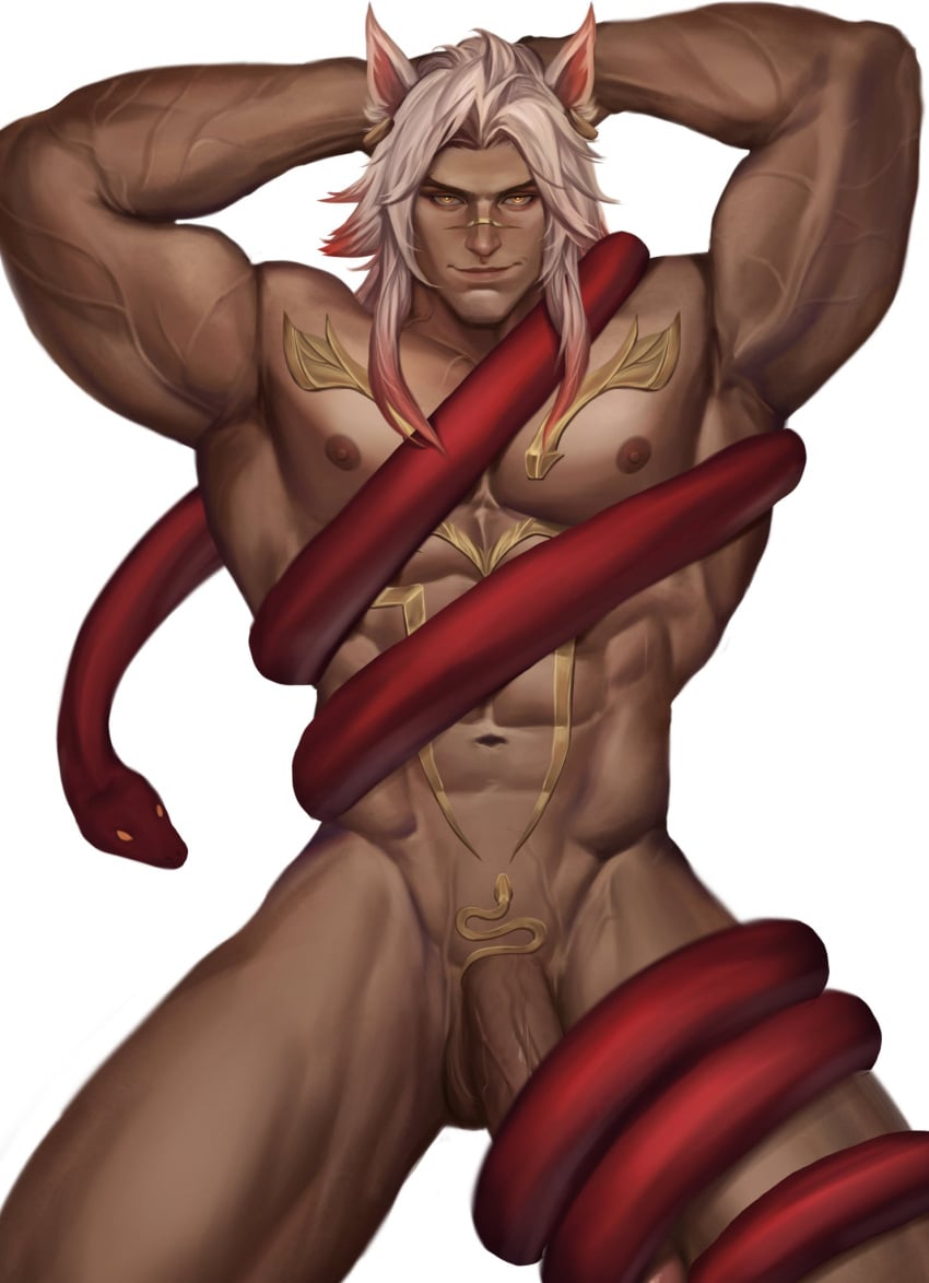 abs animal_ears armpits arms_behind_head arms_up bara big_penis bosoromantics completely_nude league_of_legends lunar_new_year lunar_revel_series male male_focus male_only muscular muscular_male nipples nude nude_male pecs penis penis_peek radiant_serpent_sett sett simple_background snake solo solo_male vastaya veiny_muscles veiny_penis