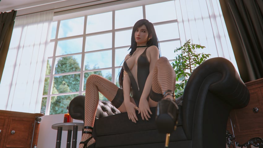 3d 3d_(artwork) black_hair black_high_heels black_nails choker cleavage couch curtains curtains_open earrings final_fantasy final_fantasy_vii final_fantasy_vii_remake fishnet_stockings fit_female hands_covering_crotch high_heels highres inner_sideboob lace-trimmed_stockings lace-trimmed_thighhighs leotard living_room long_hair painted_nails pizz3d posing red_eyes ring sitting sitting_on_couch tifa_lockhart toned zipper zipper_down