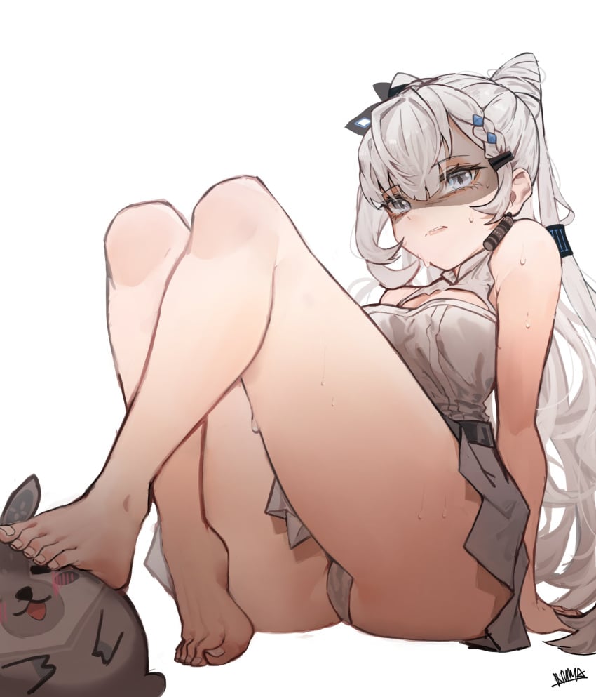 1girls dress feet female hololive hololive_indonesia hololive_indonesia_holoh3ro looking_at_viewer numamus silver_hair sweat sweatdrop thick_thighs thighs upskirt vestia_zeta virtual_youtuber