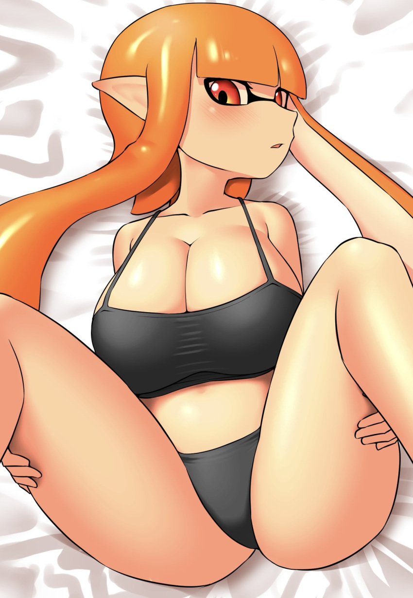 1girls 2025 barely_clothed bed big_breasts blush blush_lines blushing_at_viewer breasts cleavage collar collarbone crop_top female female_focus female_only hands_on_legs hands_on_thighs inkling inkling_girl kaori_(splatoon) laying_down laying_on_back laying_on_bed legs legs_apart legs_up light-skinned_female light_skin looking_at_viewer nintendo nobunagapero orange_eyes orange_hair panties png pointy_ears sheets shiny shiny_hair shoulders solo solo_female solo_focus splatoon splatoon_(series) tentacle tentacle_hair