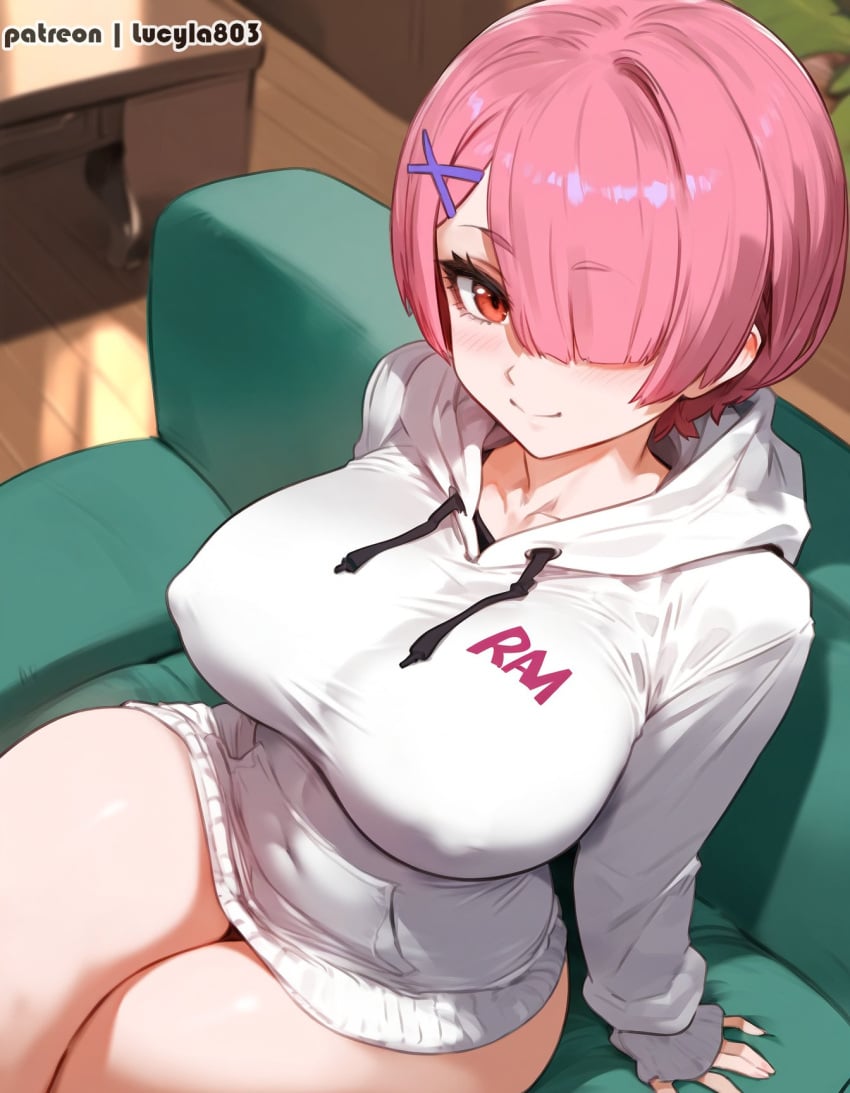 1girls ai_generated breasts female female_only hair_over_one_eye large_breasts light-skinned_female light_skin looking_at_viewer lucyla pink_hair ram_(re:zero) re:zero_kara_hajimeru_isekai_seikatsu solo sweater thick_thighs thighs