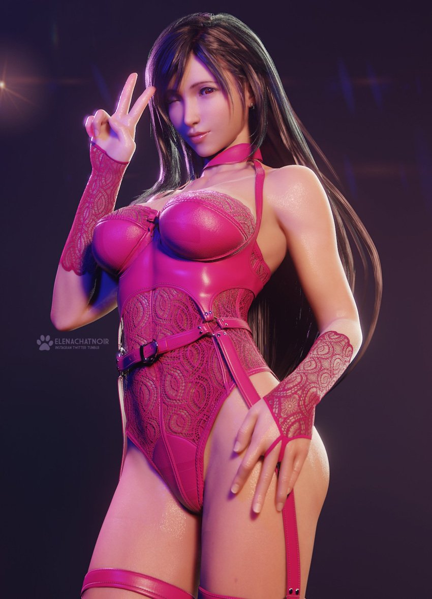 3d 3d_(artwork) artist_name black_hair choker earrings elenachatnoir final_fantasy final_fantasy_vii final_fantasy_vii_rebirth final_fantasy_vii_remake fit_female garter_straps gloves hand_on_hip highres hourglass_figure instagram_username leather leotard lingerie long_hair looking_at_viewer peace_sign pink_lingerie posing posing_for_the_viewer red_eyes see-through_clothing simple_background straps thigh_strap tifa_lockhart toned tumblr_username twitter_username wink winking_at_viewer