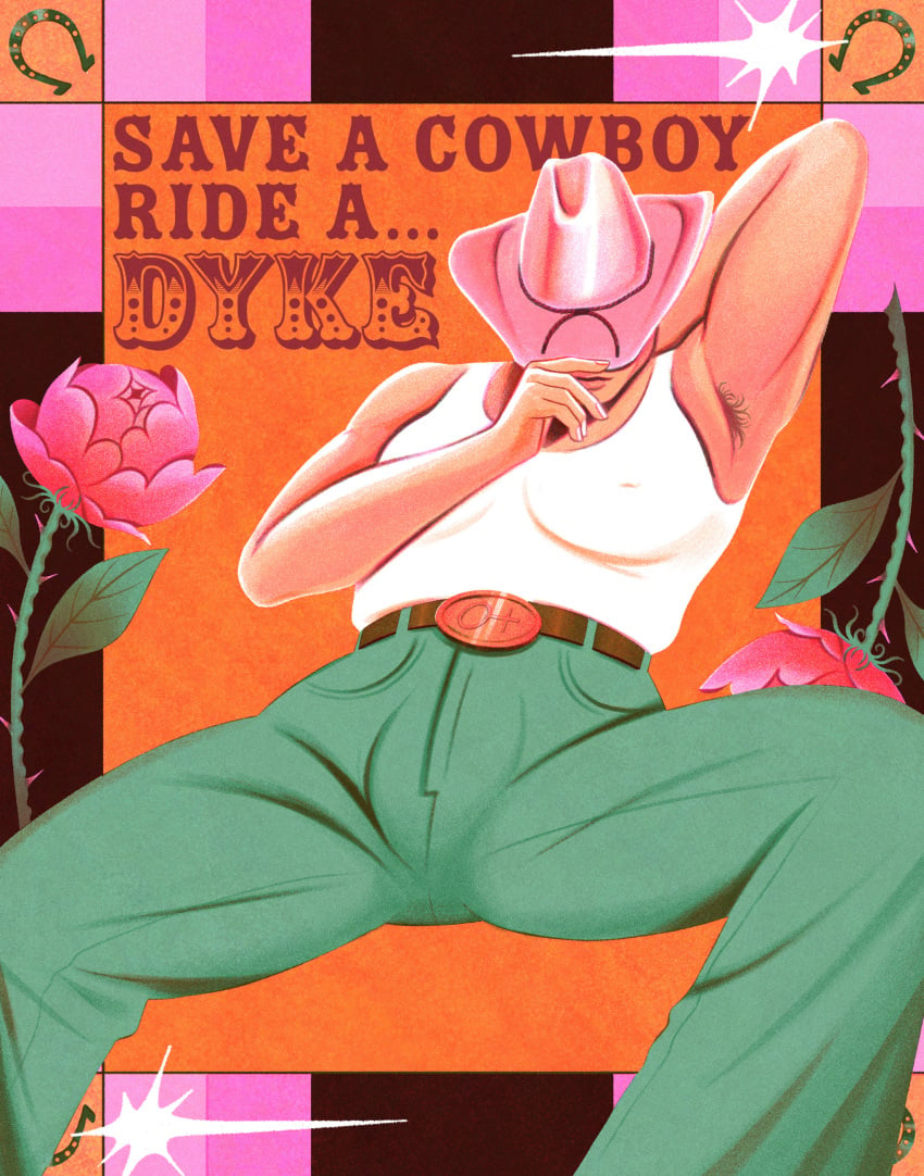 1girls 2024 2d 2d_(artwork) 2d_artwork cameltoe cowboy_hat cowgirl cowgirl_outfit female hairy_armpits horseshoe jeans mumshie original plant slur solo solo_female tagme text tumblr_link xojoules yuri