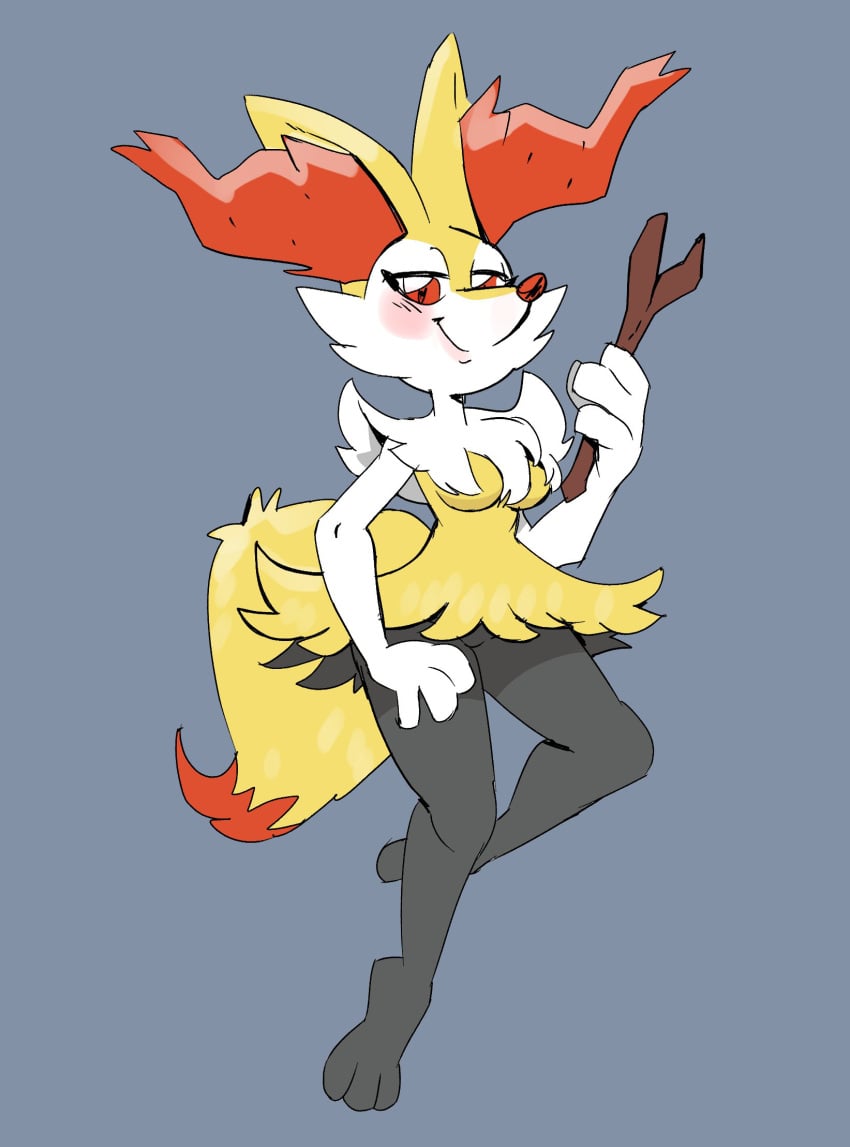 braixen breasts fox fox_ears fox_tail furry_female lemuzaurio pokemon pokemon_(species) red_eyes smug_face stick yellow_fur