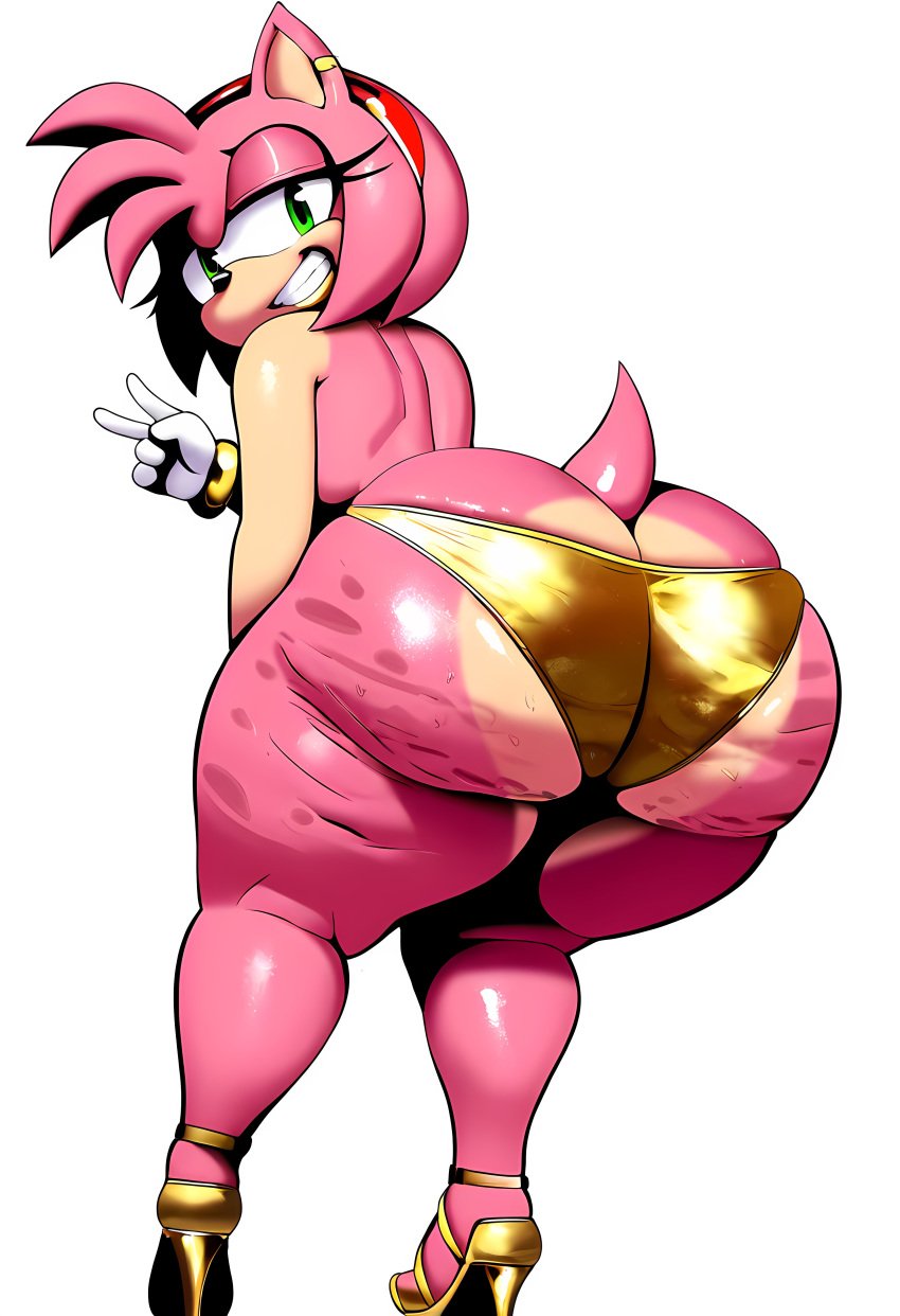 ai_generated amy_rose anthro ass ass_focus big_ass cellulite female female_only fur furry gold_bikini grin huge_ass looking_at_viewer looking_back novelai panties peace_sign shiny_clothes sonic_(series) sonic_the_hedgehog_(series) that_guy9001