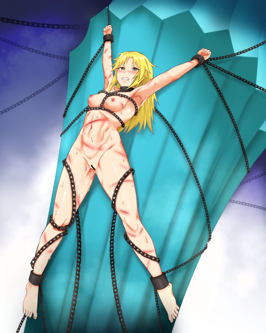 1girls ankle_cuffs arms_up barefoot blonde_hair blush bondage breast_bondage breasts censored_pussy chains clenched_hands defiant embarrassed_nude_female fate/apocrypha fate_(series) female female_only hair_down long_hair looking_at_viewer mordred_(fate) nude r_sin solo spread_eagle spread_legs suspension torture whip_marks wrist_cuffs