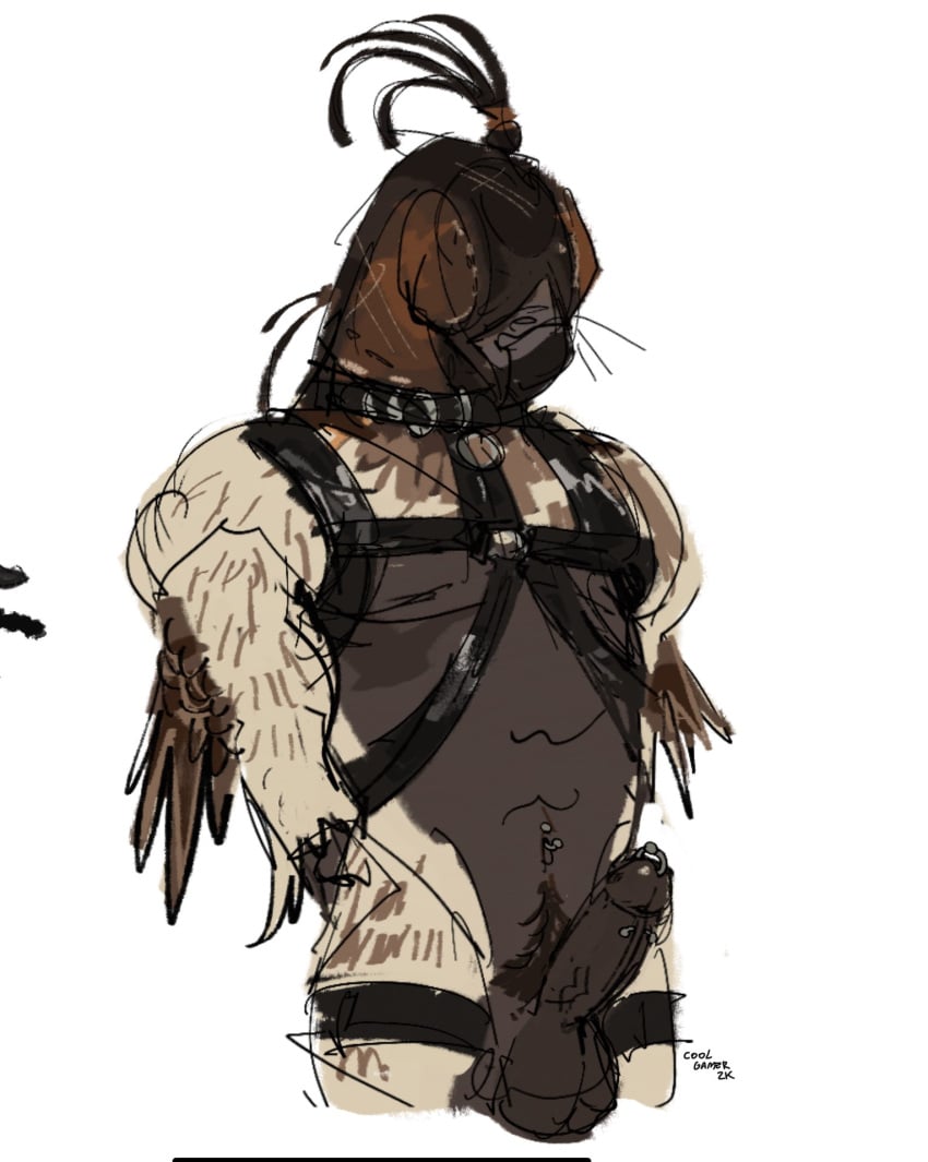 anthro avian balls bird blindfold bondage bondage bound brown_body brown_feathers devilspaek falconid falconry_hood feathers genitals hi_res hood humanoid_genitalia humanoid_penis male penis solo