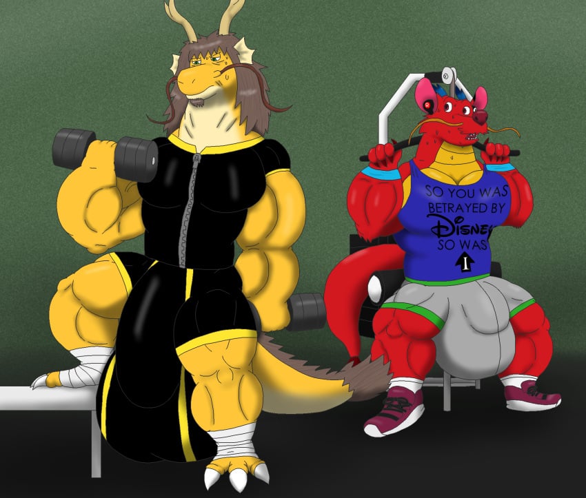 alythewolfcat anthro antlers asian_mythology big_bulge bodily_fluids bulge chinese_mythology clothing detailed_bulge disney dragon dumbbell duo earpod east_asian_mythology eastern_dragon exercise exercise_equipment genital_outline gold_scales hi_res horn huge_bulge hyper hyper_bulge male mulan muscular muscular_male mushu mythological_creature mythological_scalie mythology penis_outline red_body red_scales scales scalie shirt sweat text text_on_clothing text_on_shirt text_on_topwear topwear weights