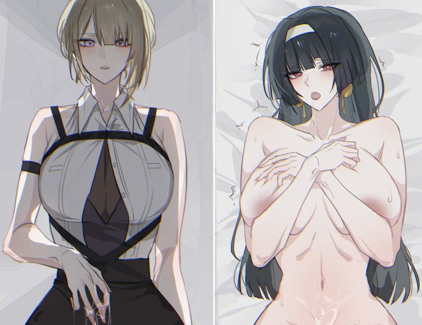 2girls after_oral areola areolae astra_(zenless_zone_zero) astra_yao belly big_breasts black_hair blonde_hair blonde_hair_female blush breasts busty dark_hair earrings evelyn_(zenless_zone_zero) evelyn_chavalier evelyn_chevalier female female_only hairbow hoyoverse huge_breasts implied_fingering implied_oral large_breasts mihoyo pussy_juice pussy_juice_on_hand red_eyes seol_(artist) tagme tummy yuri zenless_zone_zero