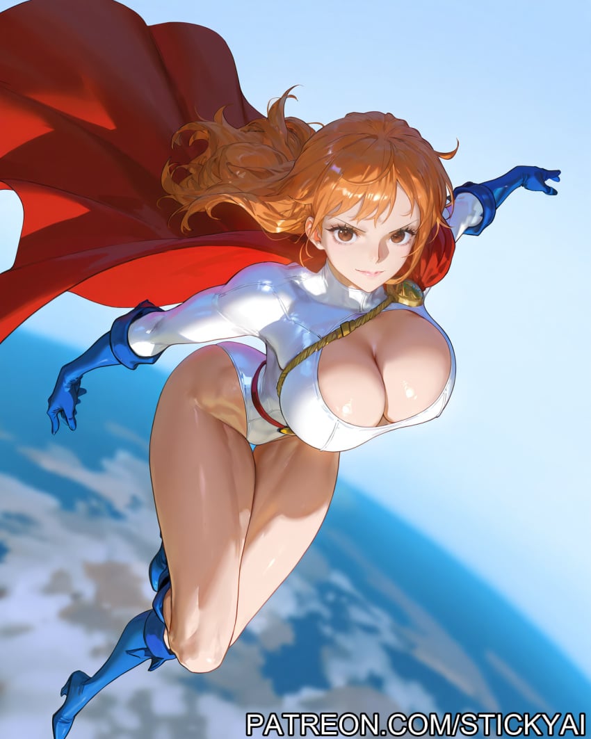 ai_generated airplane breasts brown_eyes earth female female_only flying galatea nami nami_(one_piece) nsfw one_piece orange_hair planet power_girl power_girl_(cosplay) space stickyai