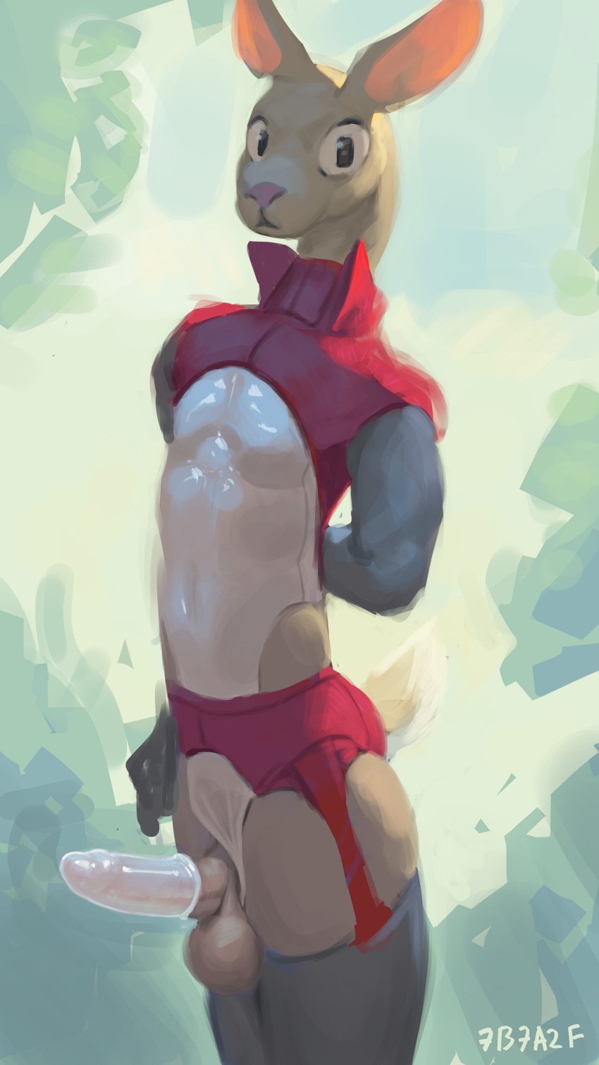 2024 7b7a2f absurd_res anthro balls clothing condom deer digital_media_(artwork) digital_painting_(artwork) erection garter_belt garter_straps genitals hand_behind_back hi_res humanoid_genitalia humanoid_penis legwear looking_at_viewer male mammal penis sexual_barrier_device signature solo standing stockings wearing_condom