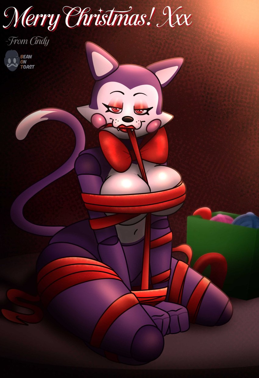 2024 2d 2d_(artwork) 2d_artwork animatronic animatronic_female anthro artist_logo artist_name beanontoast big_breasts cat_ears cat_tail catgirl cindy_(fnac) feline feline_humanoid five_nights_at_candy's five_nights_at_freddy's freckles_on_face furry furry_female pink_cheeks purple_fur red_bowtie red_eyeshadow red_lipstick thick_thighs tied_up white_fur