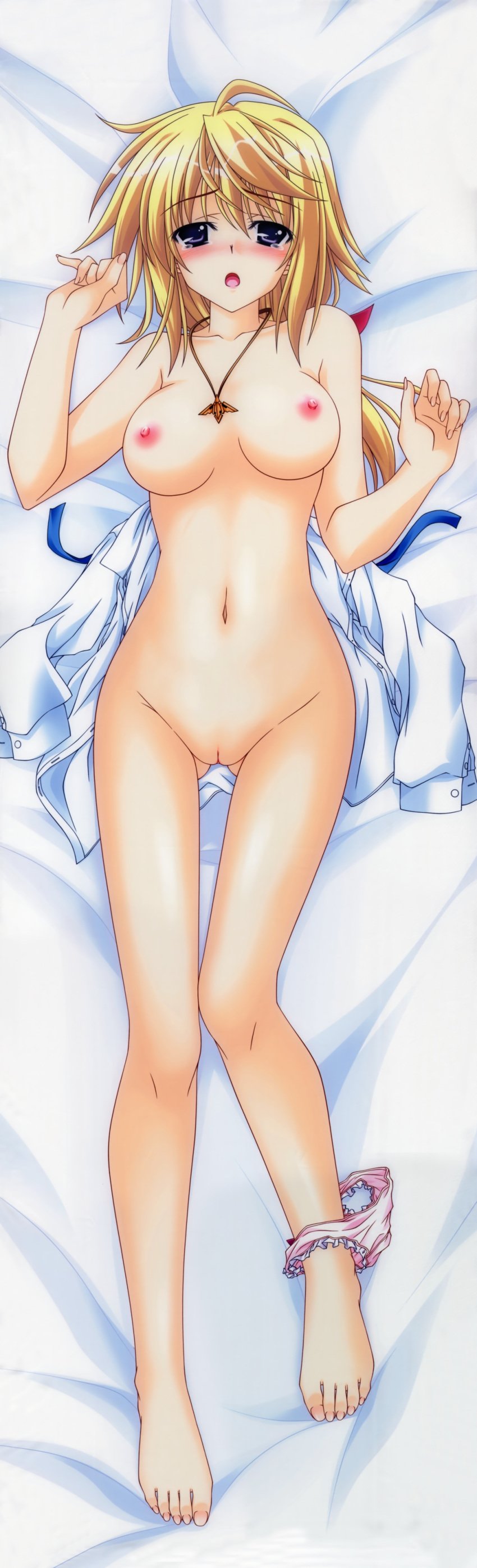 aoi_hiro blonde_hair blush breasts charlotte_dunois dakimakura full-face_blush high_resolution infinite_stratos jewelry legs necklace nipples open_mouth panties panties_around_leg panty_pull pink_panties purple_eyes pussy shirt_removed uncensored underwear