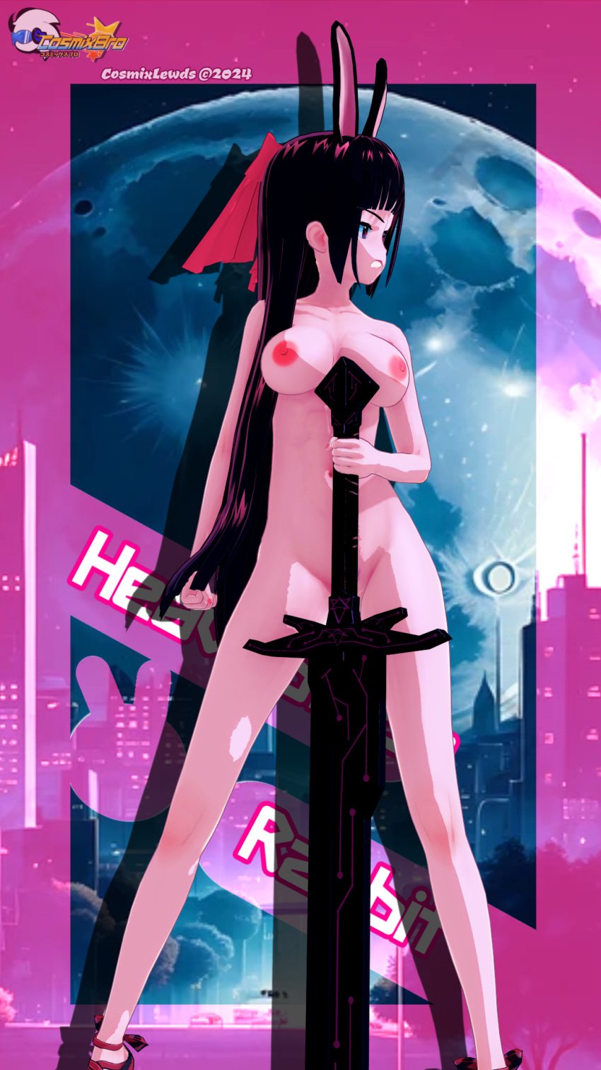 1girls 3d 3d_(artwork) 9:16 anime_style black_hair breasts cosmixlewds covering_crotch female fighting_stance heavyblade_(rabbit_and_steel) hi_res koikatsu light-skinned_female naked nipples nude_female rabbit_and_steel rabbit_ears rabbit_girl red_eyes sword text watermark