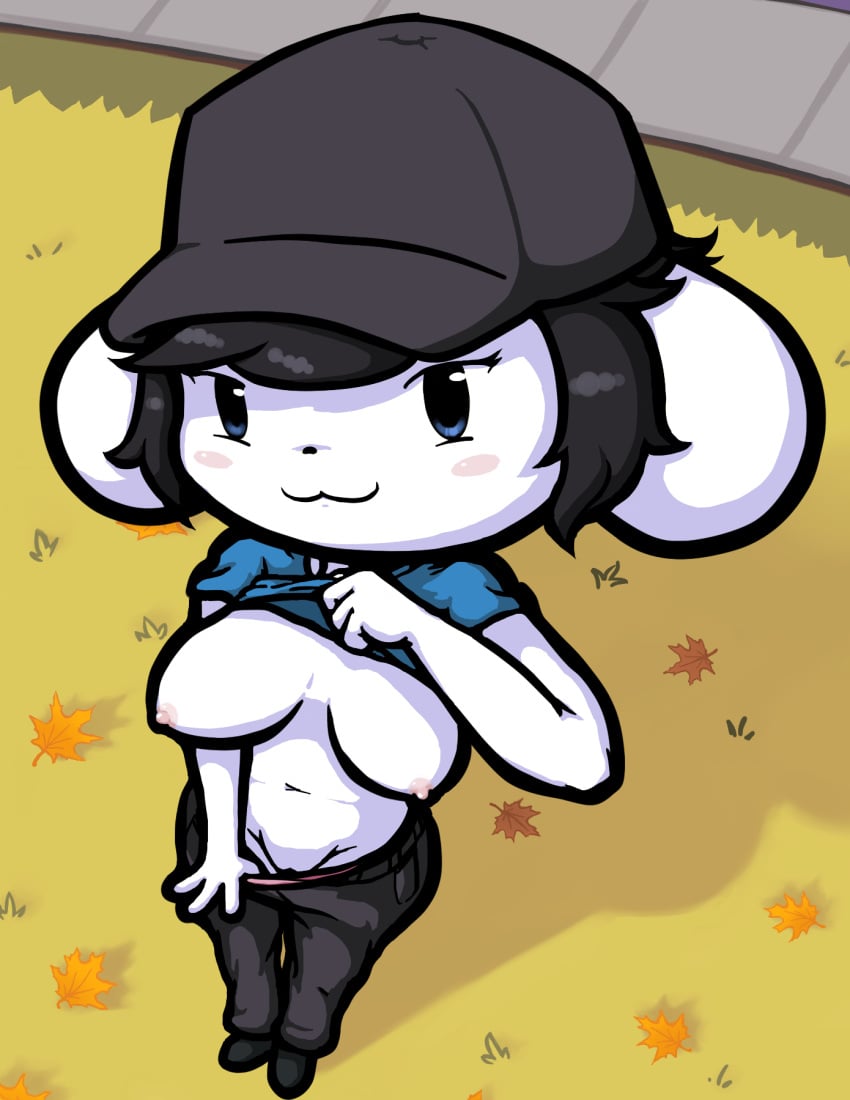 4_fingers aged_up anonymous_artist anthro autumn big_breasts black_bottomwear black_clothing black_hair black_hat black_headwear black_pants blue_clothing blue_eyes blue_shirt blue_topwear blush bottomwear breasts clothed clothing clothing_lift deltarune female fingers flashing flashing_breasts flashing_pussy footwear foreshortening fur genitals grass hair hat headgear headwear hi_res leaf looking_at_viewer navel nipples outside panties pants perspective plant pussy road shadow shirt shirt_lift shoes smile solo tem temmie_(deltarune) topwear undertale_(series) underwear white_body white_fur