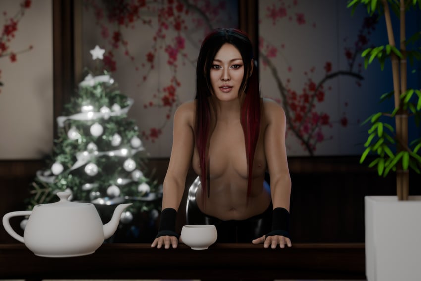 1girls 3d areolae asian_female bare_breasts blender christmas_tree enigmaj female_focus female_only io_shirai iyo_sky leather_pants looking_at_viewer multicolored_hair nipples solo_female tea_pot topless wwe wwe_diva