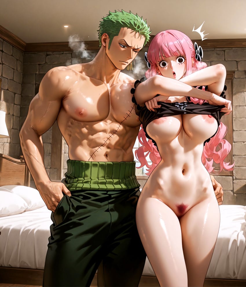 1boy 1boy1girl 1girls ai_generated alex-schura areolae bed bedroom big_breasts bottomless bottomless_female breasts busty caught curvy curvy_female female green_hair imminent_sex long_hair male muscular muscular_male nipples nude nude_female one_eye_closed one_piece perona pink_hair pubic_hair pussy removing_clothing removing_shirt roronoa_zoro scar shirt_lift short_hair surprised topless topless_male twintails