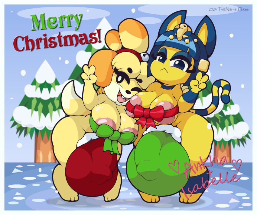 animal_crossing ankha_(animal_crossing) anthro areola balls balls_outline big_balls big_penis blue_eyes blue_hair bow_ribbon bulge canid canine canis christmas clothing cock_sock detailed_bulge dipstick_tail domestic_cat domestic_dog duo english_text exclamation_point felid feline felis footwear ftg_crossgender fti_crossgender futa_only futanari genital_outline genitals gynomorph hair heart_symbol hi_res huge_balls huge_cock hyper hyper_balls hyper_bulge hyper_genitalia hyper_penis intersex isabelle_(animal_crossing) looking_at_viewer mammal markings nintendo open_mouth penis penis_clothing penis_outline pink_areola rule_63 shih_tzu shortstack socks tail tail_markings text thick_thighs thisnameistaken toy_dog wide_hips yellow_body