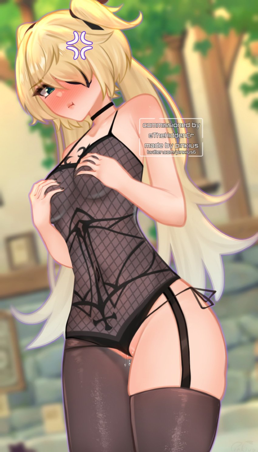 1girls breast_envy breasts clothed clothed_female commission female fischl_(genshin_impact) genshin_impact light-skinned_female light_skin looking_at_viewer medium_breasts nipples pinkius pout pouting thick_thighs