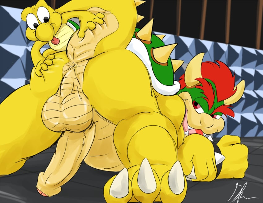 2boys anus ass balls big_balls big_penis bowser color fingers gay glenn green_shell grin hand hands koopa koopa_troopa lilglenndoggy male male_only mario_(series) nintendo penis presenting red_eyes shell size_difference spiky_shell super_mario_bros. tail tongue uncut unknown_gender yaoi