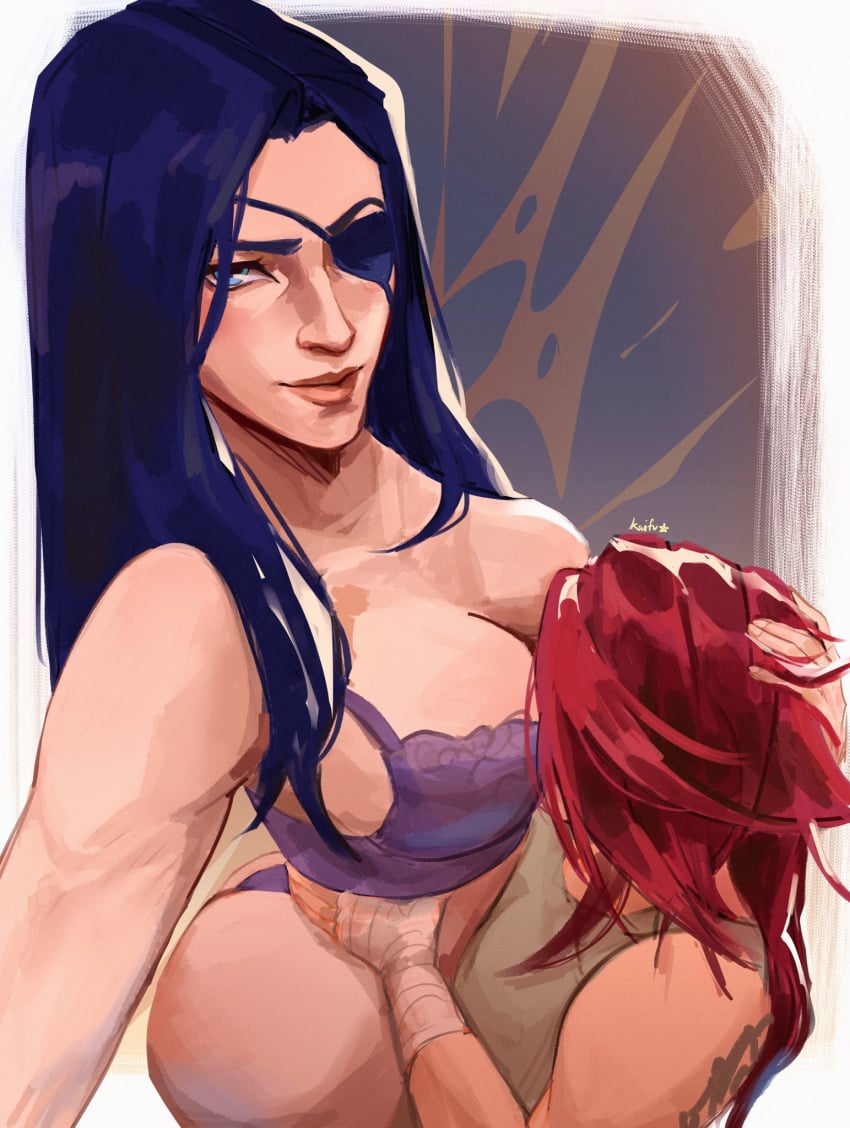 2girls arcane_caitlyn arcane_vi arm_tattoo ass bandaged_arm bandages bare_shoulders black_hair blue_eyes blue_hair bra breast_grab breasts caitlyn_(league_of_legends) cleavage clothing eyepatch female female gloves grabbing hand_on_another&#039;s_head kaifu_ato large_breasts long_hair multiple_girls muscular_female pink_hair purple_bra purple_panties red_hair short_hair smile tattoo underwear vi_(league_of_legends) yuri