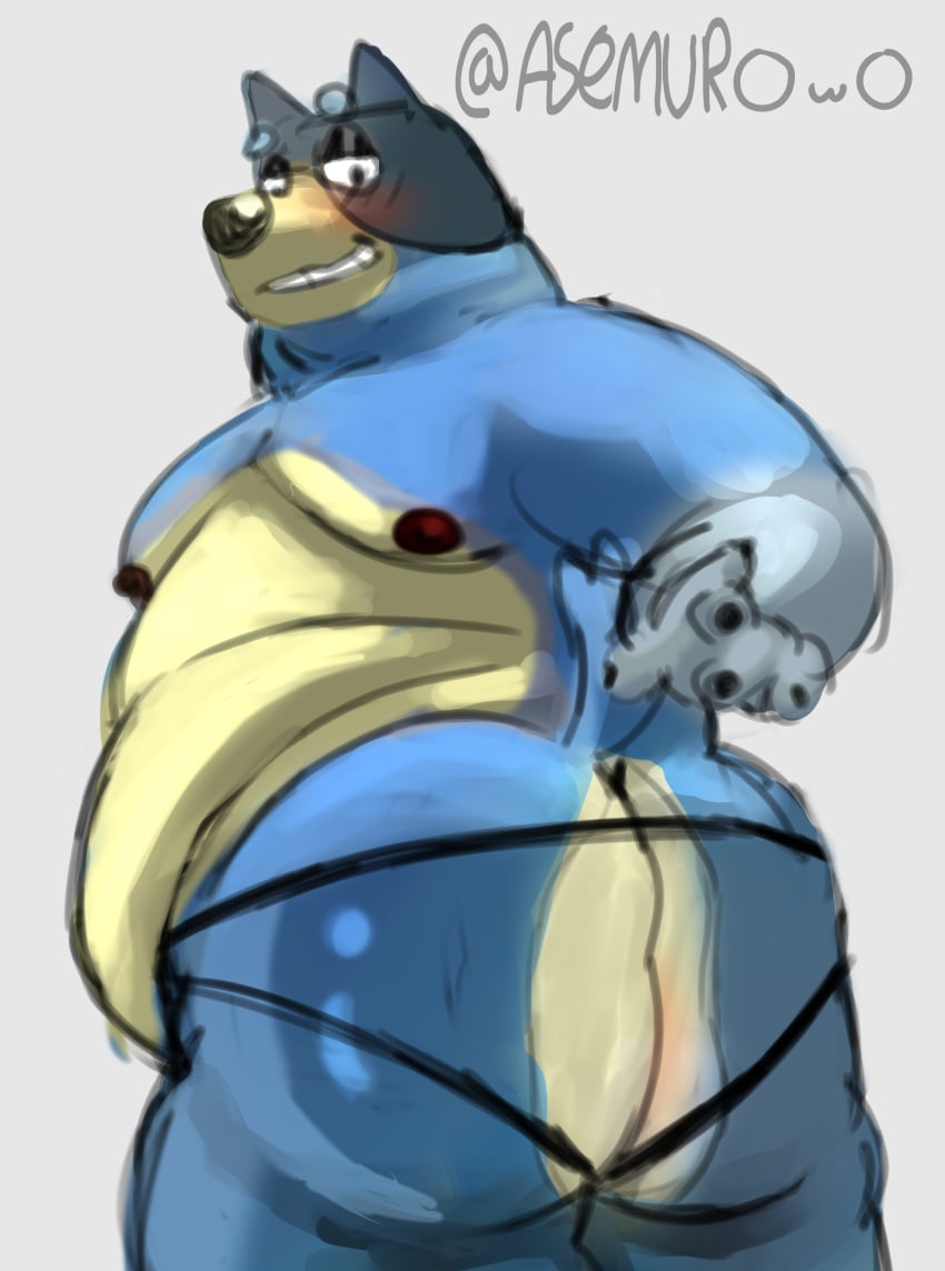 asemur bandit_heeler belly blue_fur bluey_(series) chubby_male fat_ass looking_back moobs obese_anthro overweight overweight_male