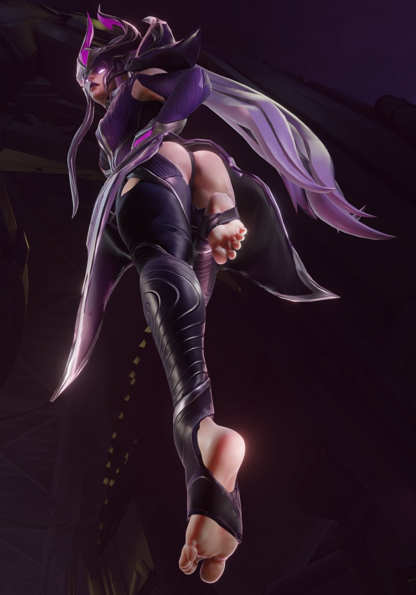 3d armor armpits ass ass_focus ass_grab back_view blender clothed dominant dominant_female feet foot_fetish foot_focus full_body glowing_eyes hand_on_hip headwear helmet league_of_legends leggings long_hair looking_at_viewer mage magical_girl one_leg_up purple_hair riot_games skirt skirt_lift soles solo solo_female solo_focus sorceress stirrup_legwear syclops syndra toes viewed_from_below white_hair