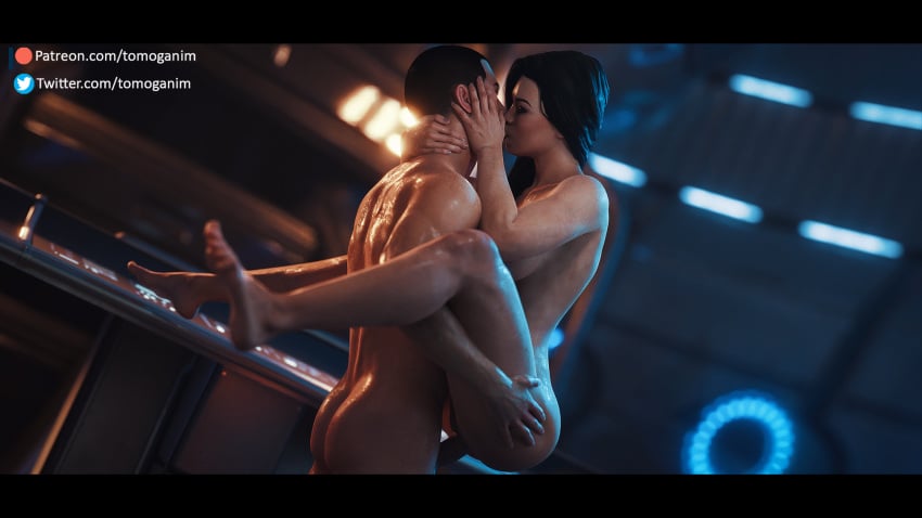 1boy 1girls 3d bioware black_hair carrying carrying_position commander_shepard feet female human kissing kissing_while_penetrated light-skinned_female male mass_effect miranda_lawson nude passionate romantic sex standing_sex suspended_congress sweat tomoganim vaginal_penetration