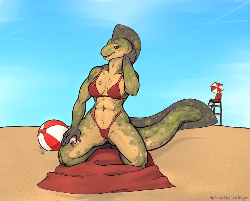 abs anna_(user_55) anthro ball beach beach_ball bikini black_sclera breasts camel_toe clothed clothing eel female fish green_body hi_res inflatable kneeling looking_at_viewer malcombtheteadragon marine moray_eel muscular sand smile solo string_bikini sunscreen swimwear tail tattoo towel yellow_eyes