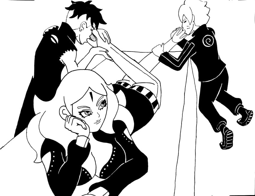 1girls 2boys big_breasts boruto:_naruto_next_generations breasts cleavage crossed_legs dante2305 delta_(boruto) dominant dominant_female domination heel_boots heel_insertion heels high_heel_boots high_heels implied_sex improvised_dildo improvised_sex_toy kawaki long_hair lying_on_stomach monochrome multiple_boys naruto naruto_(series) oral short_hair submissive submissive_male sucking uzumaki_boruto worship worshiping