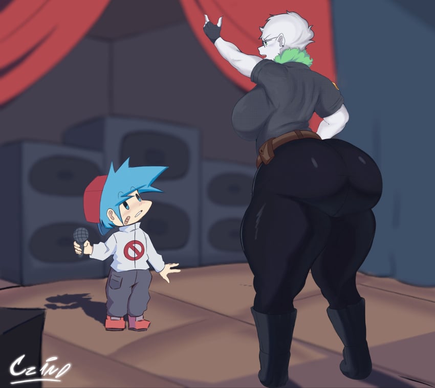 1boy 1girls ass ass big_ass big_breasts big_butt boyfriend_(friday_night_funkin) crin0art curvy fnf friday_night_funkin girlfriend_(friday_night_funkin) girlfriend_(mods) glasses green_hair horns police_uniform size_difference taller_girl thick_thighs white_hair white_skin