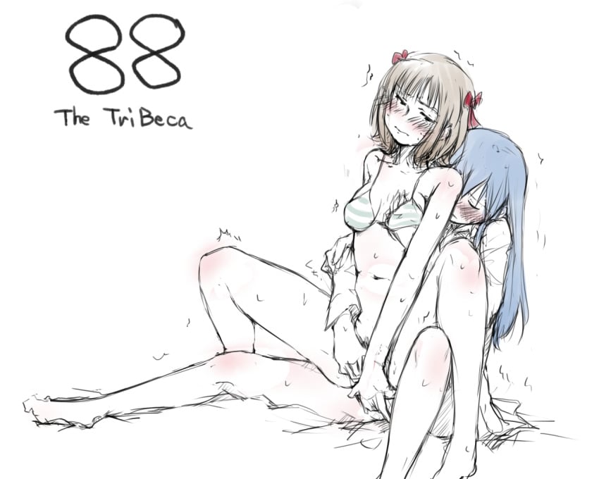 amami_haruka barefoot bikini_top blue_hair blush bottomless bow brown_hair closed_eyes female fingering hairbow idolmaster kent_mame kisaragi_chihaya long_hair masturbation monochrome multiple_girls navel partially_colored rough_sketch short_hair simple_background sitting sitting_on_person sketch sweat trembling white_background yuri