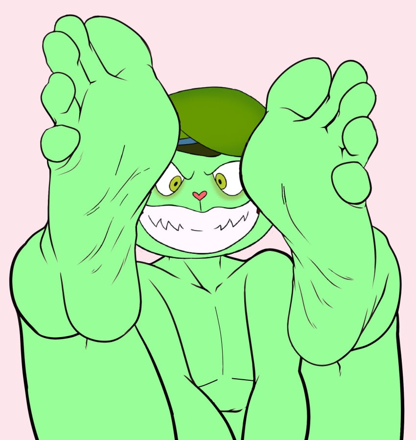 5_toes barefoot bear beret cyborg-steve edit fangs feet feet_up fliqpy fliqpy_(htf) foot_fetish foot_focus fuckboy furry green_fur grin happy happy_tree_friends hat humanoid_feet inviting legs_apart legs_held_open legs_spread legs_up mammal mondo_media presenting_feet soles teeth toes ursid