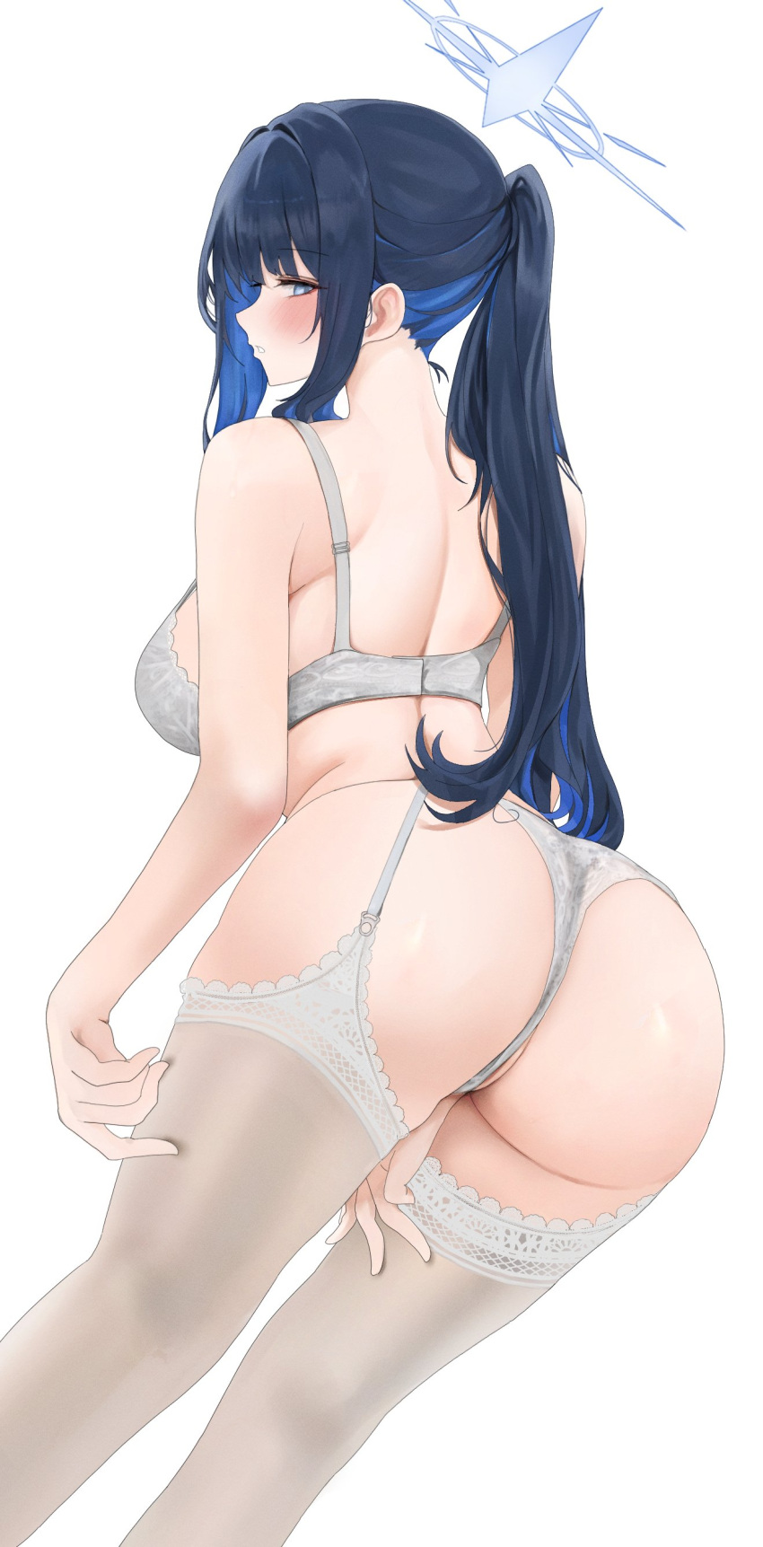 arius_satellite_school_student arius_squad_(blue_archive) ass_focus blue_archive blush from_behind garter_belt hand_between_legs huge_ass huge_thighs lace_trim legwear lingerie looking_back medium_breasts saori_(blue_archive) thick_thighs thighhighs wide_hips