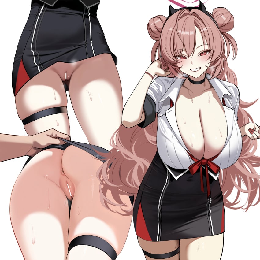 anus anus_focus ass ass_focus ateoyh bar_censor black_choker black_skirt blue_archive blush breasts censored choker cleavage clothes_lift collared_shirt double_bun fake_horns female fingernails grin hair_bun halo highres horns huge_breasts kirara_(blue_archive) lifting_another's_clothes long_fingernails long_hair looking_at_viewer nail_polish no_panties pink_eyes pink_hair pink_halo pussy pussy_focus pussy_juice red_nails shirt short_sleeves simple_background skirt skirt_lift smile solo straight thigh_strap white_background white_shirt