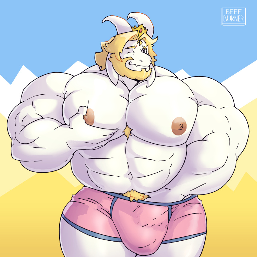 asgore_dreemurr balls bara barazoku beard beefburner bulge deltarune facial_hair furry goat hand_in_underwear horns male male_only muscles muscular one_eye_closed penis solo solo_male undertale underwear underwear_only