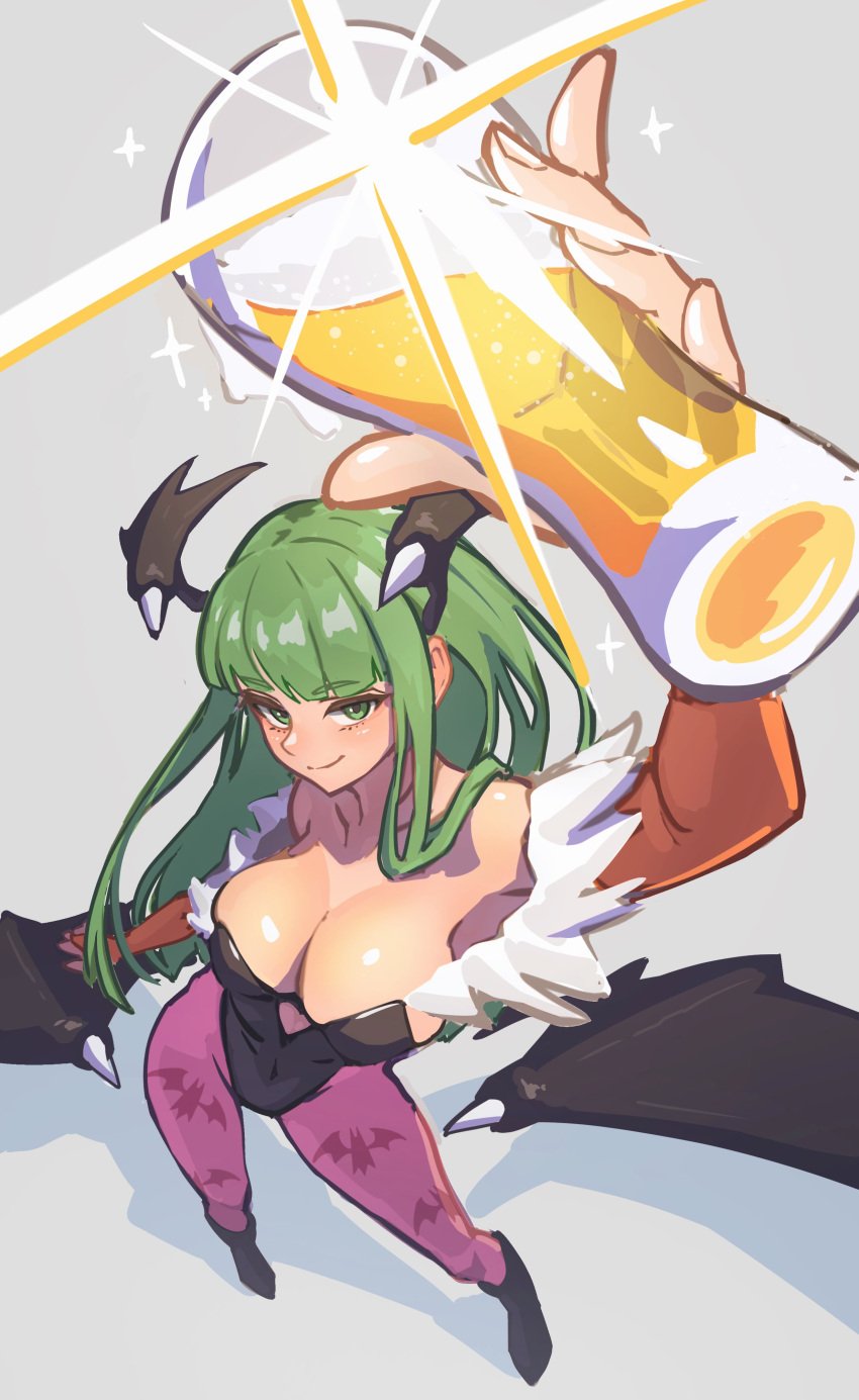 1girls ap_cammy bare_shoulders bat_wings beer beer_glass big_breasts busty capcom cleavage darkstalkers green_eyes green_hair light-skinned_female light_skin morrigan_aensland succubus viewed_from_above wings