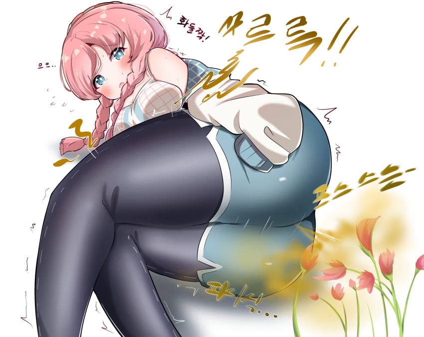 arknights ass ass_focus big_ass big_butt blue_poison_(arknights) blush breasts clothed dolphin_shorts fart fart_cloud fart_fetish farting female flowers girl human oversized_sleeves pink_hair plant riwon shorts stink stink_fumes stink_lines stinky tagme wilting wilting_flowers wilting_plants