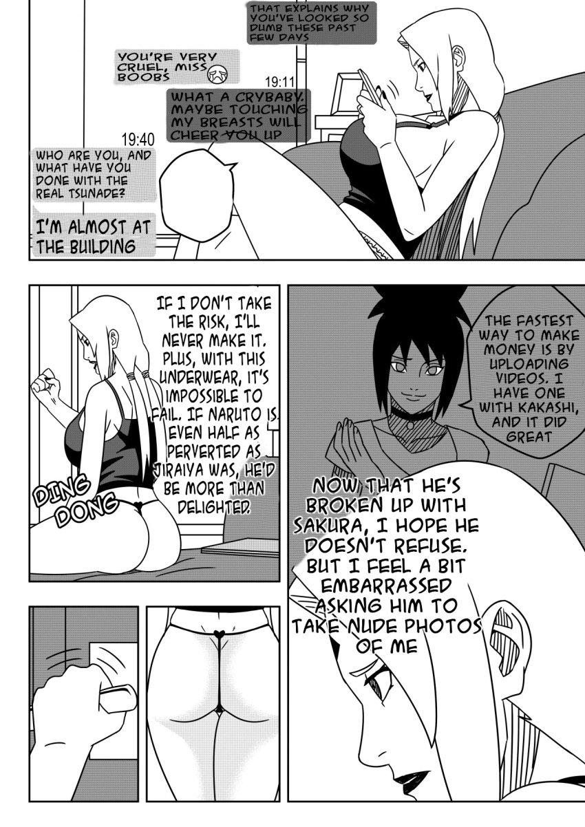 2girls apartment apartment_building ass big_ass big_breasts breasts cellphone cleavage comic couch dialogue english_text female female_focus g-string huge_ass huge_breasts laptop large_breasts mature mature_female mature_woman milf mitarashi_anko monochrome naruto naruto:_the_last naruto_(series) naruto_shippuden necklace ninrubio no_bra no_bra_under_clothes panties revealing_clothes sitting sitting_on_couch skimpy skimpy_clothes solo story tank_top thick_thighs thighs tsunade underwear uzumaki_naruto voluptuous