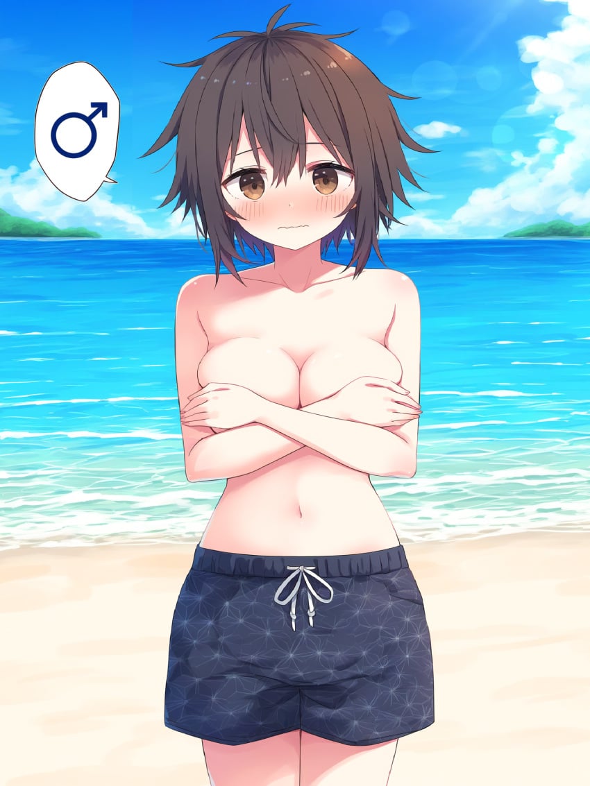 ai_generated beach blush breast_squeeze breasts breasts_squeezed_together brown_eyes brown_hair cleavage clouds covering covering_breasts covering_nipples embarrassed female full-face_blush gender_symbol gender_transformation genderswap_(mtf) hands_on_own_breasts hands_on_own_chest island mars_symbol medium_breasts medium_hair messy)hair navel pattern_bottomwear rule_63 sand sea slender speech_bubble swim_trunks topless waves wavy_mouth