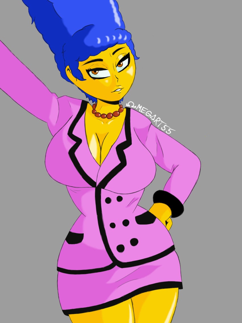 20th_century_fox 20th_century_studios afro_hair big_ass big_breasts big_butt blue_hair brown_eyes female female_only grey_background marge_simpson milf omegart55 shiny_skin suit the_simpsons yellow_body yellow_skin