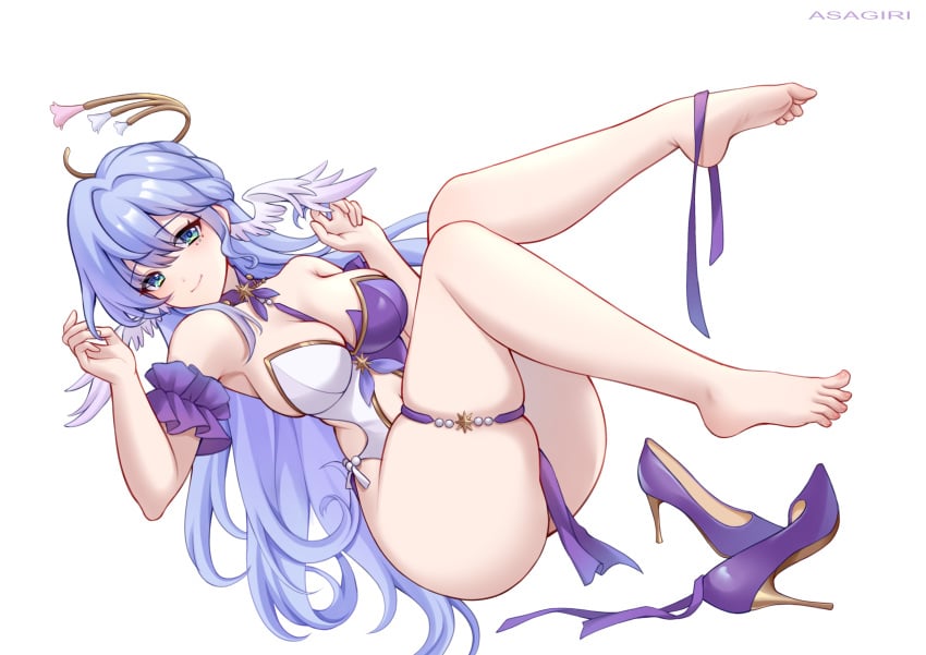 alternate_costume angel asagiri blue_eyes blue_hair cleavage clothed clothing feet female foot_fetish garter_straps heels high_heels honkai:_star_rail legs marking_below_eyes robin_(honkai:_star_rail) thigh_squish thighs toes