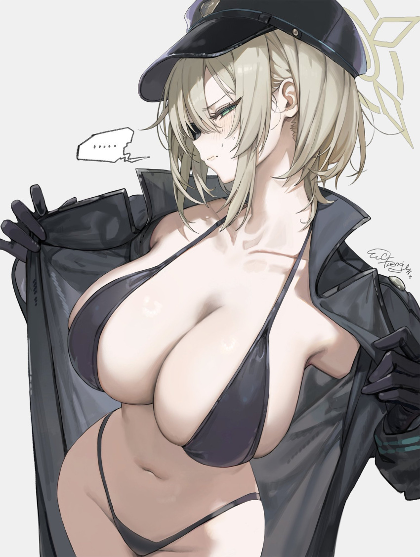 ... 1girls absurdres big_breasts bikini black_bikini black_coat black_gloves blonde_hair blue_archive blush breasts cleavage closed_mouth coat collarbone female freng gloves green_eyes halo hat highlander_railroad_academy_student highlander_supervision_office_(blue_archive) highleg highleg_bikini highres large_breasts long_sleeves looking_at_viewer navel open_clothes open_coat peaked_cap police_hat signature simple_background solo spoken_ellipsis stomach string_bikini suou_(blue_archive) swimsuit trench_coat white_background