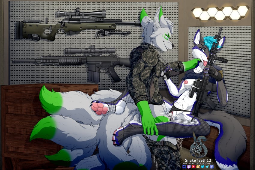 4_toes 5_fingers 6_tails abs anatomically_correct anatomically_correct_genitalia anatomically_correct_penis anatomically_correct_pussy anthro ar-15 arm_tuft armory arsenal ass assault_rifle athletic athletic_anthro athletic_male belly biceps big_breasts big_dom_small_sub big_hands big_penis black_clothing black_eyebrows black_footwear black_legwear black_nose black_panties black_pawpads black_penis black_socks black_stockings black_underwear blue_clothing blue_eyes blue_hair blue_shirt blue_topwear bodily_fluids bottomwear bottomwear_down box breasts brown_nose camo camo_clothing camo_print canid canine canis cheek_tuft clawed_fingers claws clothed clothing clothing_aside container crotch_tuft cum cum_drip cum_in_pussy cum_inside cum_pool cum_while_penetrated cumshot digital_media_(artwork) digitigrade dipstick_tail dog_tags dominant dominant_anthro dominant_male dripping dripping_pussy duo ear_tuft ejaculation elbow_tuft erection eyebrows eyelashes facial_tuft feet female finger_claws fingerless_gloves fingers fishnet_clothing fishnet_leggings fishnet_legwear fishnet_thigh_highs fluffy fluffy_chest fluffy_ears fluffy_hair fluffy_tail foot_tuft footwear forearms fox fur furniture genital_fluids genitals gloves glowing glowing_eyes grabbing_neck green_body green_fur green_markings green_tail_tip grey_body grey_fur gun gun_room gun_wall hair hand_on_neck handpaw handwear hard_sex heel_tuft hi_res holding_gun holding_object holding_ranged_weapon holding_weapon humanoid_genitalia humanoid_penis inner_ear_fluff kyrathewulf larger_male leather leather_clothing leather_gloves leather_handwear led_light leg_grab leggings legs_around_partner legs_around_waist legwear lights lingerie lingerie_panties long_orgasm looking_pleasured m24 m24_a3 m4 male male/female male_penetrating mammal markings medium_breasts military military_uniform multi_tail muscular muscular_anthro muscular_male muscular_thighs navel neck_grab neck_tuft neckwear nipples nyaco on_table orgasm panties panties_aside pants pants_down partially_clothed pattern_clothing pawpads paws penetration penis pink_nipples pink_pawpads pink_pussy pink_tongue police police_badge police_officer police_uniform precision_rifle pubes purple_body purple_fur purple_markings pussy raised_clothing raised_topwear ranged_weapon rifle rifle_scope rifles rough_sex scope sex shirt short_hair sitting sitting_on_table size_difference slim small_waist smaller_female smaller_penetrated smile smiling_at_partner smirk smirking_at_partner snaketeeth12 sniper sniper_rifle socks spiky_hair sr-25/m110 standing stockings t-shirt table tail tail_markings teeth thick_thighs thigh_highs thigh_socks thighhighs toe_claws toes toned_stomach tongue tongue_out topwear topwear_lift triceps true_fox tuft underwear underwear_aside uniform vaginal_fluids vaginal_penetration vein veiny_penis weapon white_body white_fur white_inner_ear_fluff white_markings white_neck wolf wood wood_furniture wood_table wooden_box